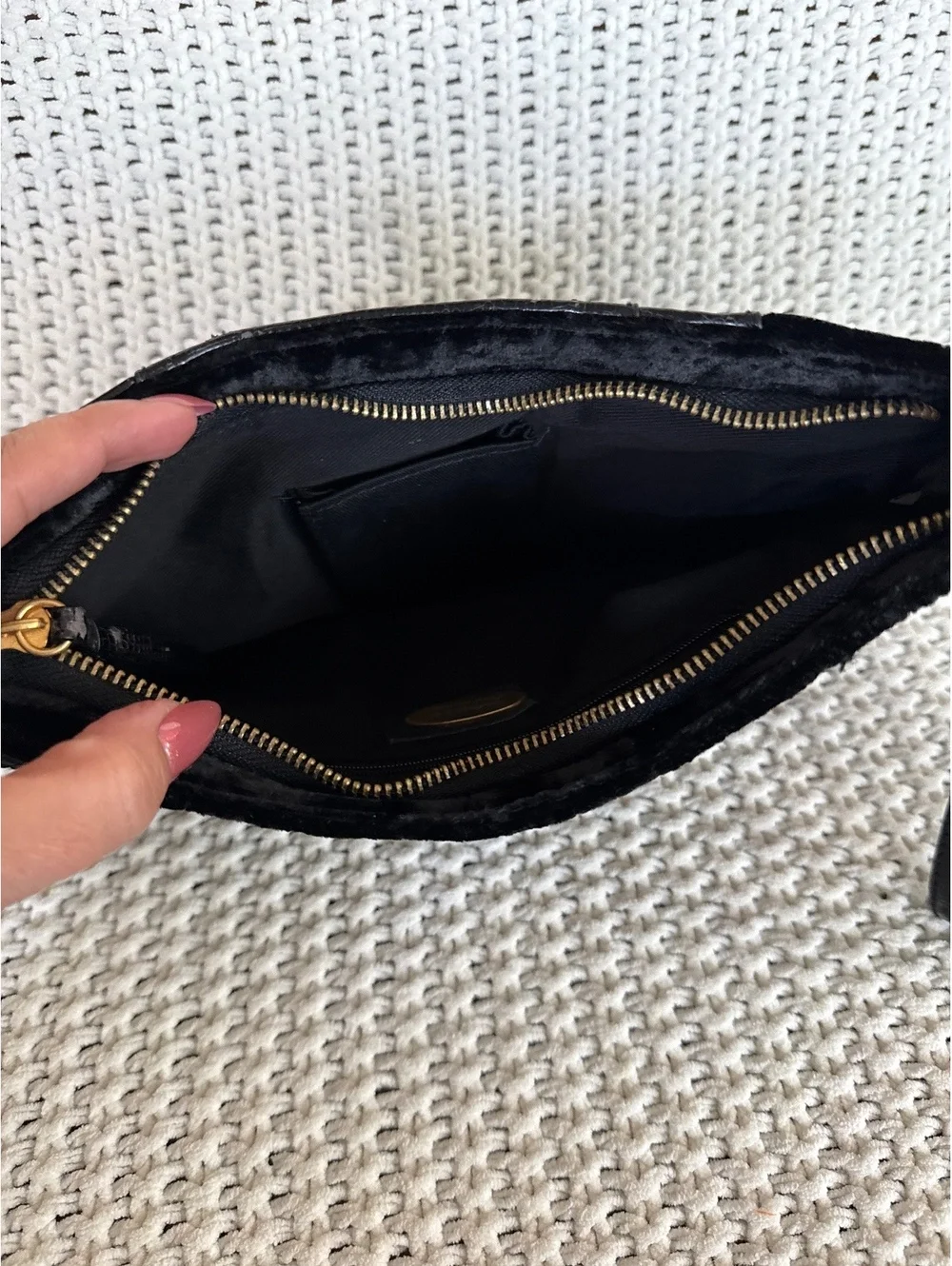 Black Velvet Wristlet Clutch with Leather Accents and Gold Hardware